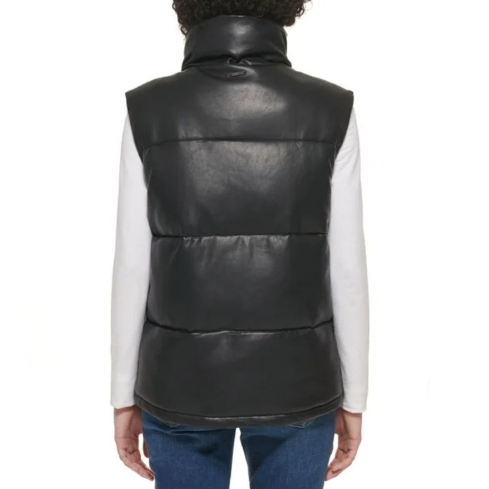 Marc New York Women's L Faux Leather Mock Neck Zip Puffer Vest Pockets Black NWT - Picture 7 of 7